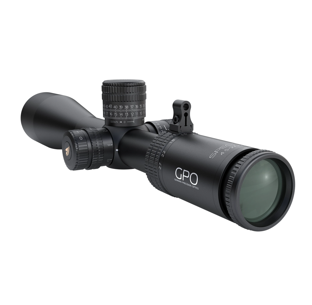GPO Spectra 6x 4,5-27x50i MOAi, vista di tre quarti posteriore con torrette e oculare
