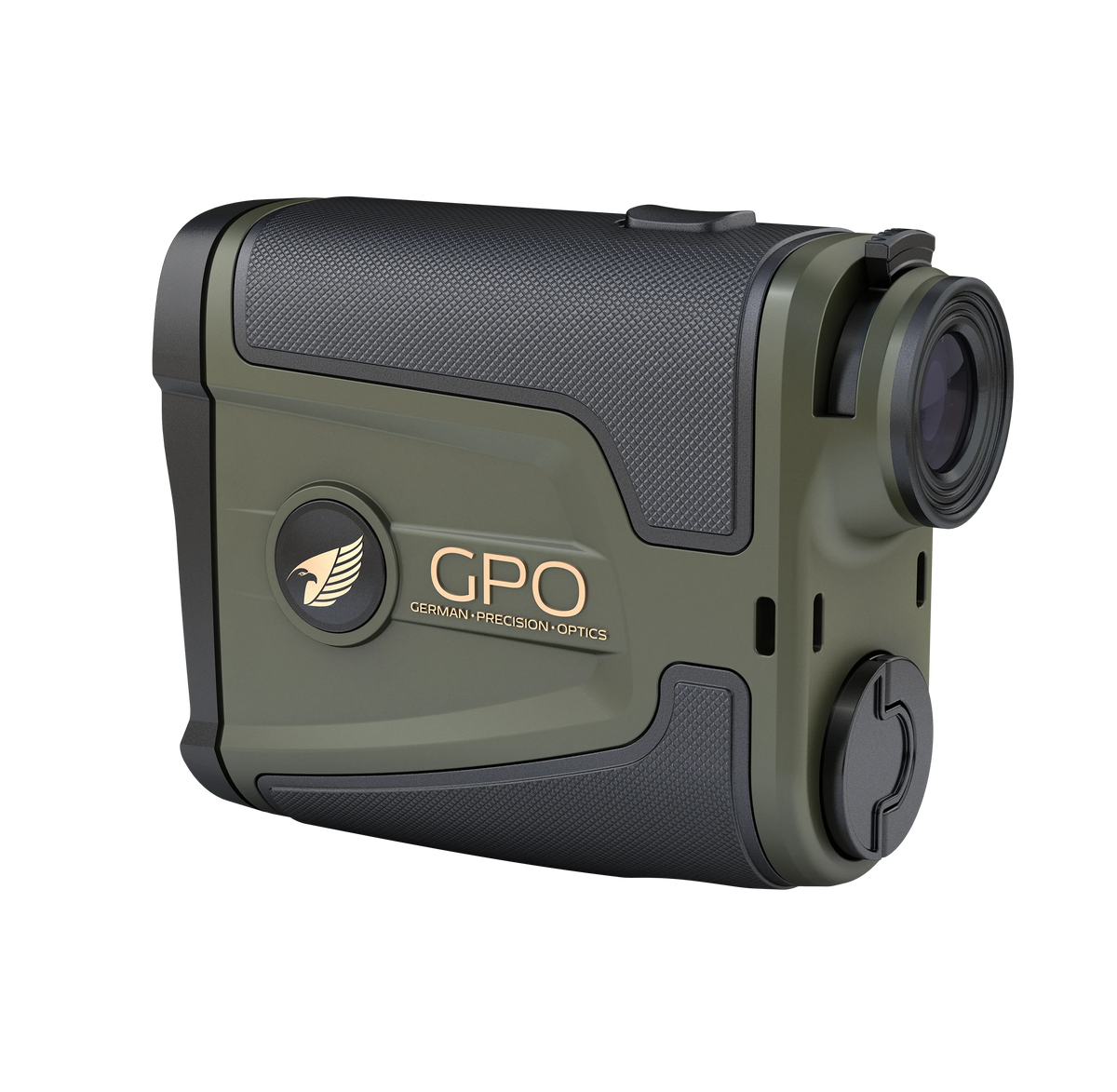 GPO RangeTracker 2000 telemetro verde, vista posteriore di tre quarti