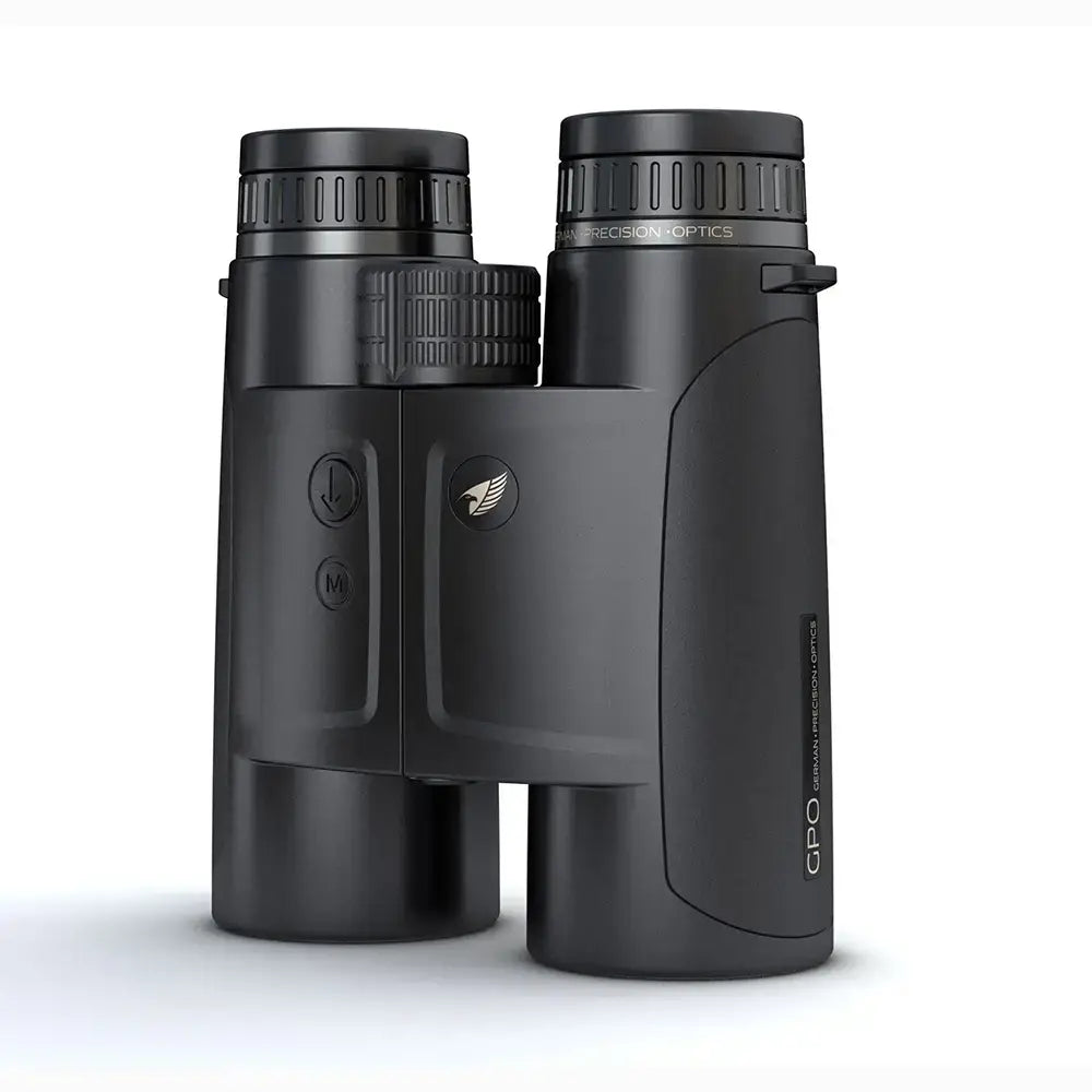 GPO Rangeguide 10x50 binocolo con telemetro nero, vista frontale in piedi