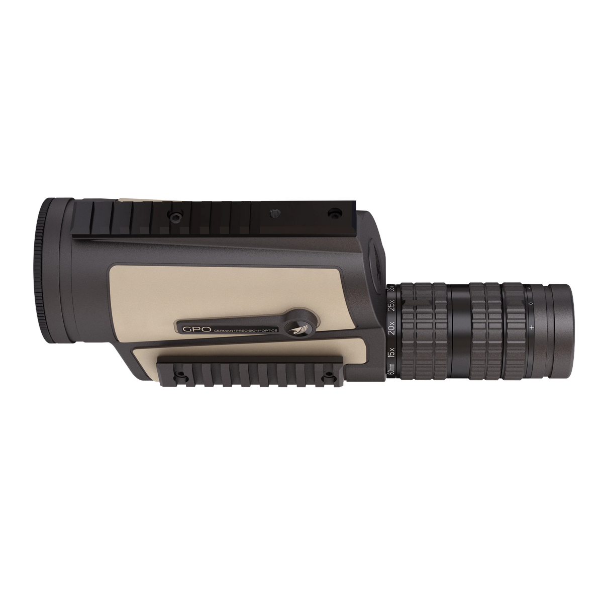 GPO TAC Spotter 15-45x60 sabbia, vista dall'alto con slitta Picatinny