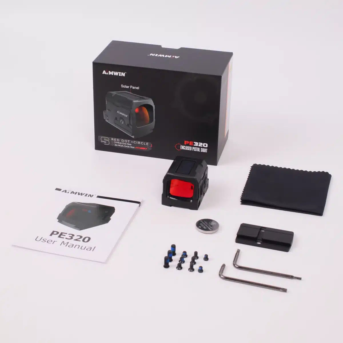 Contenuto della confezione dell'AiMWIN PE320 con piastra adattatrice e accessori