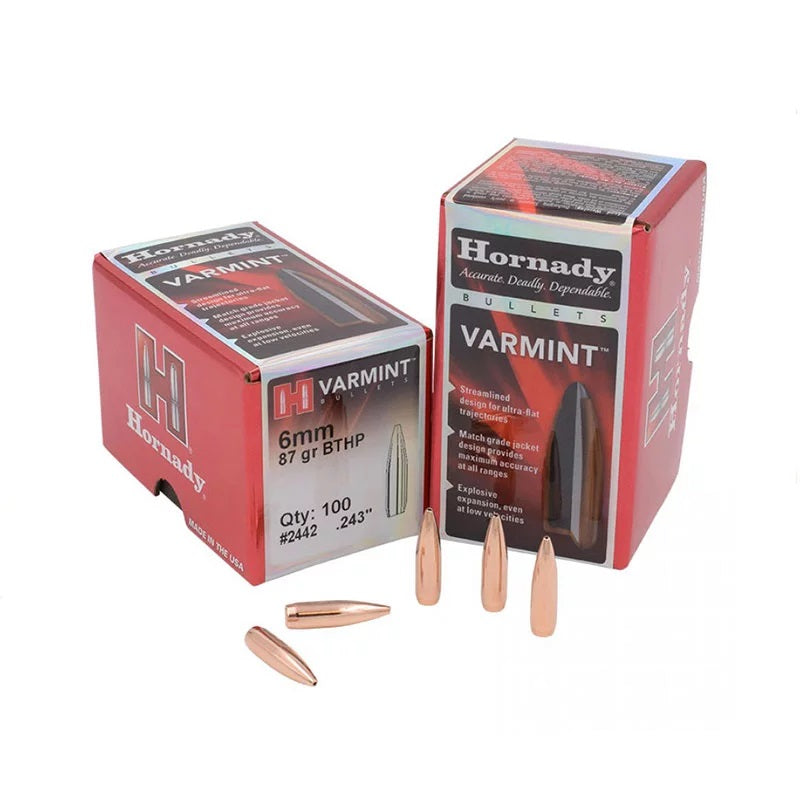 Hornady palle BTHP Varmint calibro 6 mm (.243) 87 grani, confezione