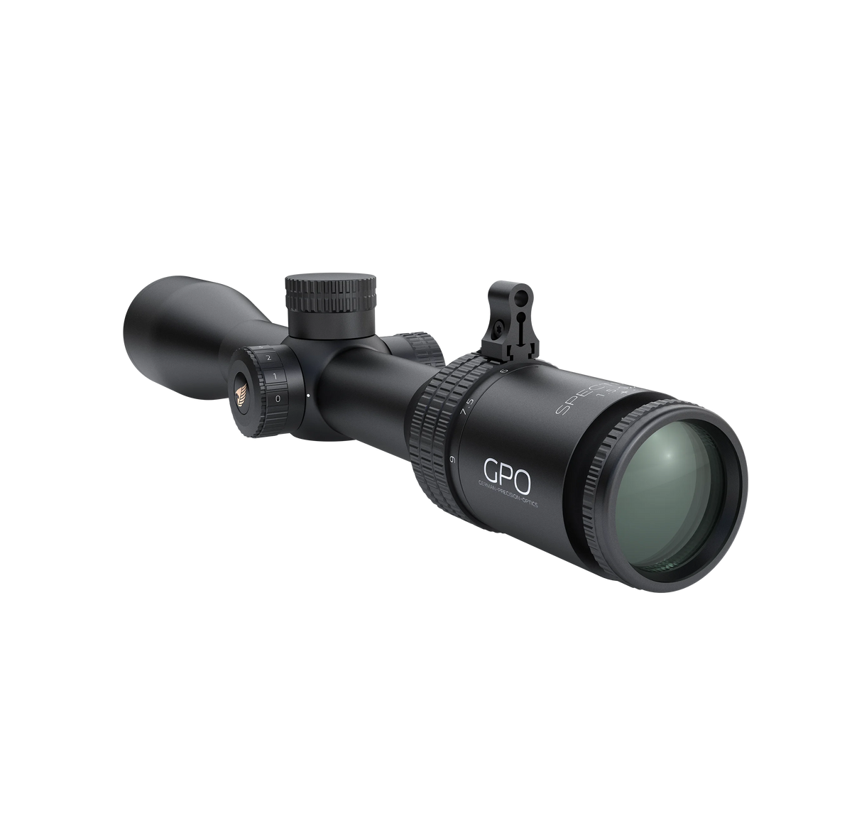 GPO Spectra 6x 1,5-9x44i G4i Fiber, vista di tre quarti posteriore con torrette e oculare