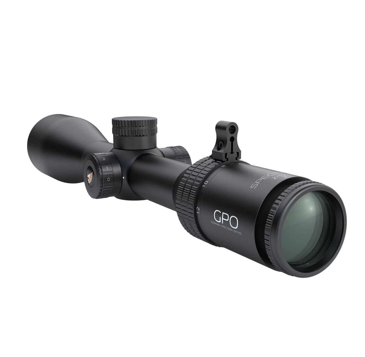 GPO Spectra 6x 2-12x50i G4i, vista di tre quarti posteriore con torrette e oculare