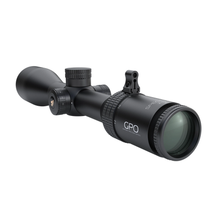 GPO Spectra 6x 2-12x50i G4i, vista di tre quarti posteriore con torrette e oculare