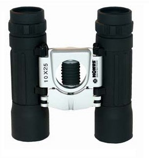 Binocolo compatto Konus Basic 10x25 con lenti rosse e corpo argentato