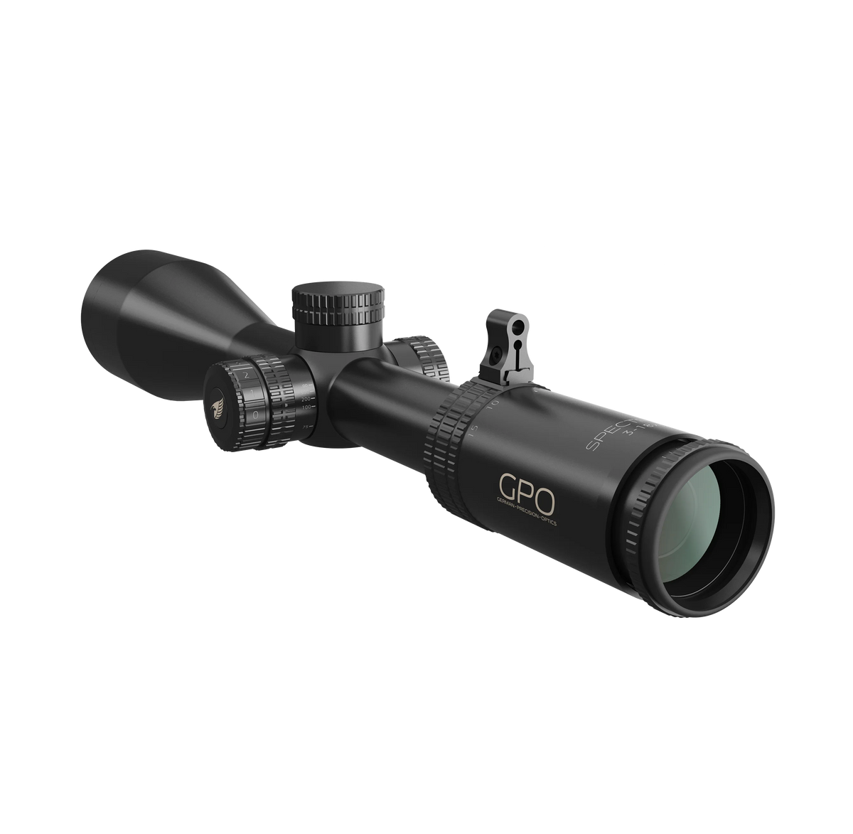 GPO Spectra 6x 3-18x56i BRi, vista di tre quarti posteriore con torrette e oculare
