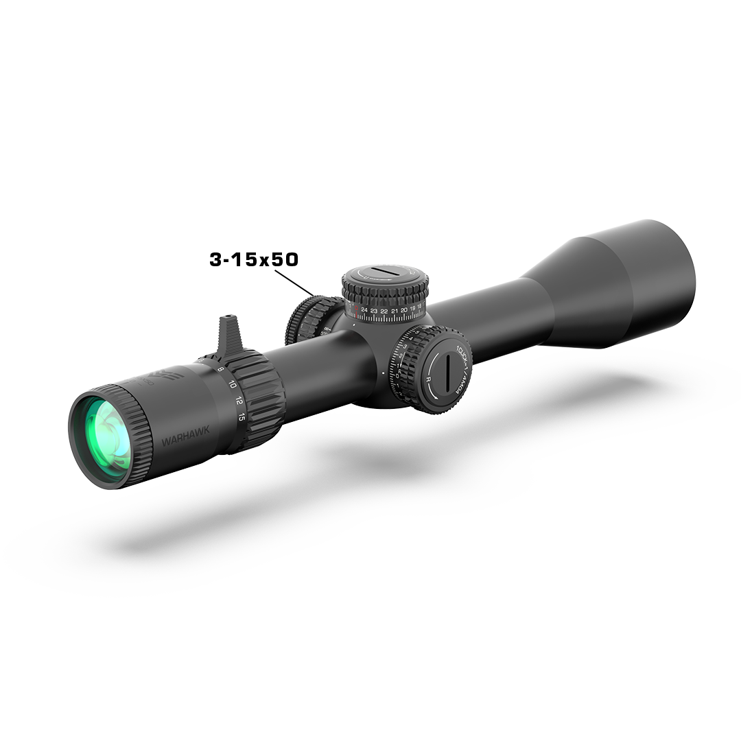 Swampfox Warhawk 3-15x50, vista di tre quarti dal lato oculare