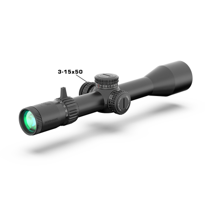 Swampfox Warhawk 3-15x50, vista di tre quarti dal lato oculare