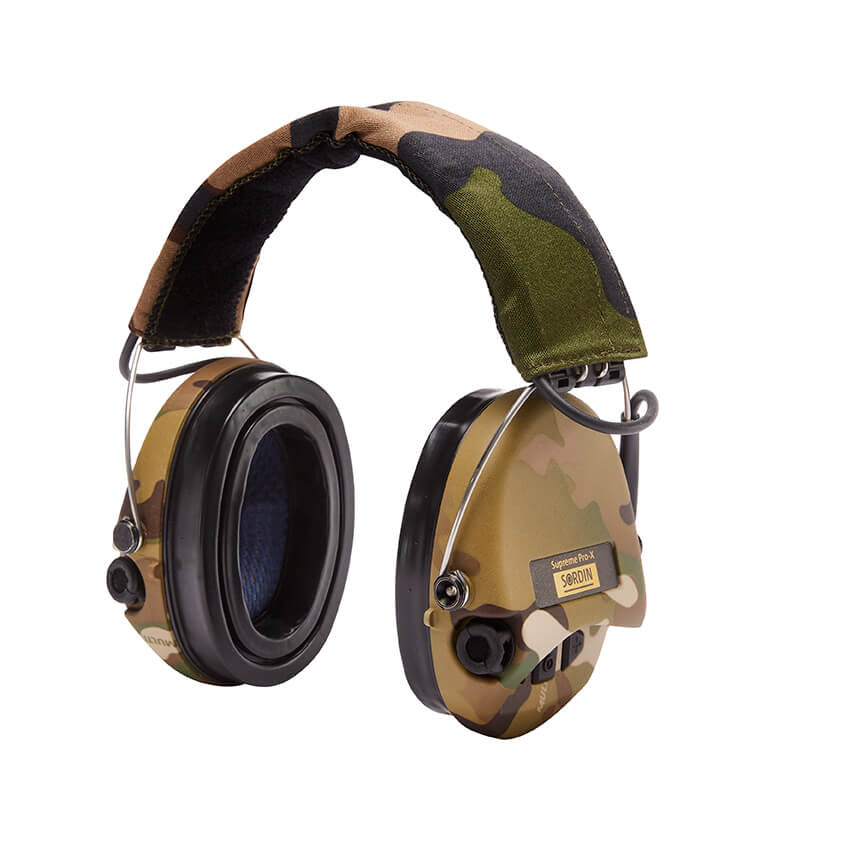 SORDIN Supreme Pro-X Camo Cups with Headband Cover in Camo Textile and LED