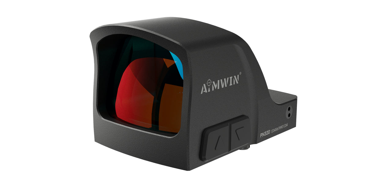 Red dot aperto AiMWIN PN320 con lente rossa, vista di tre quarti