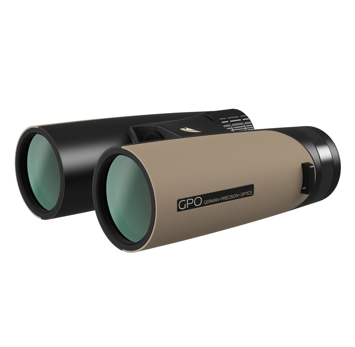 Binocolo GPO Passion ED 10x42 sabbia, vista angolata del corpo in magnesio