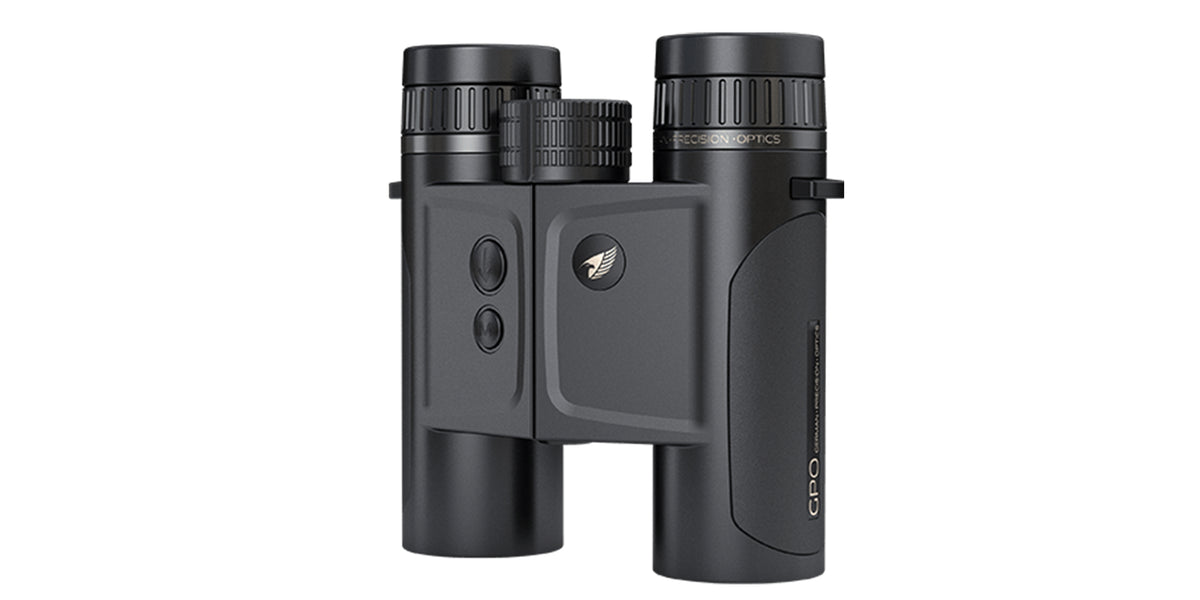 Binocolo con telemetro GPO Rangeguide 3000 8x32 nero, vista frontale