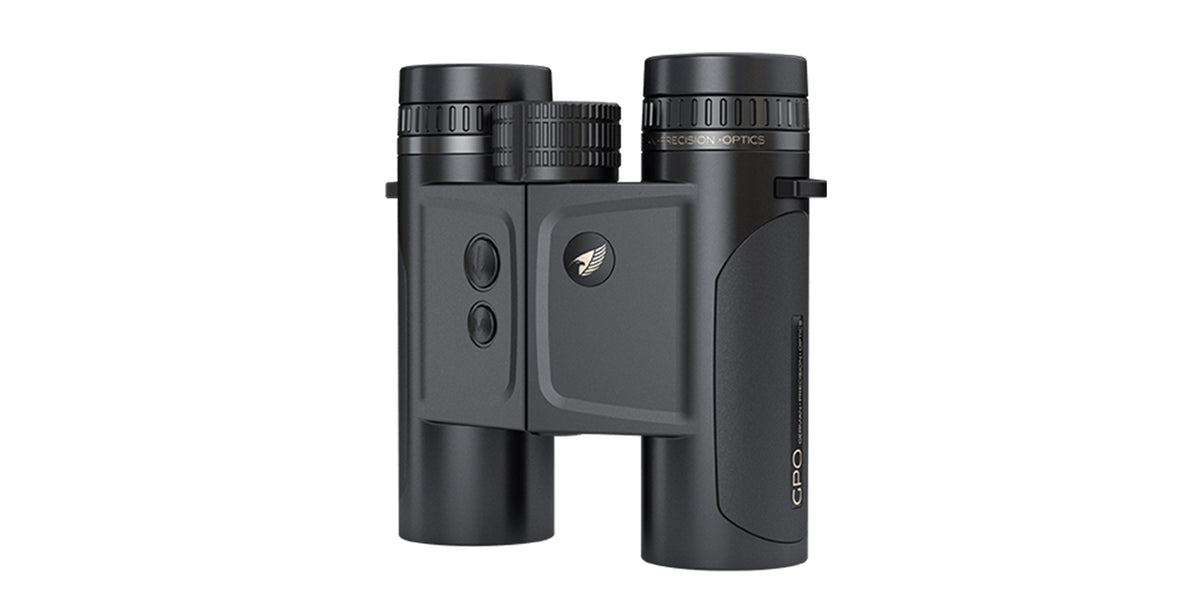 Binocolo con telemetro GPO Rangeguide 3000 10x32 nero, vista frontale