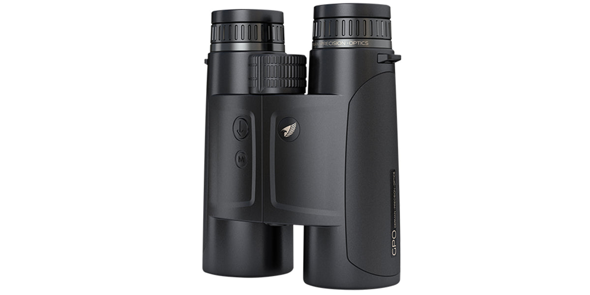 Binocolo con telemetro GPO Rangeguide 2800 10x50 nero, vista frontale