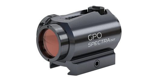 Red dot GPO Spectra Dot 3 MOA con base Picatinny, vista di tre quarti