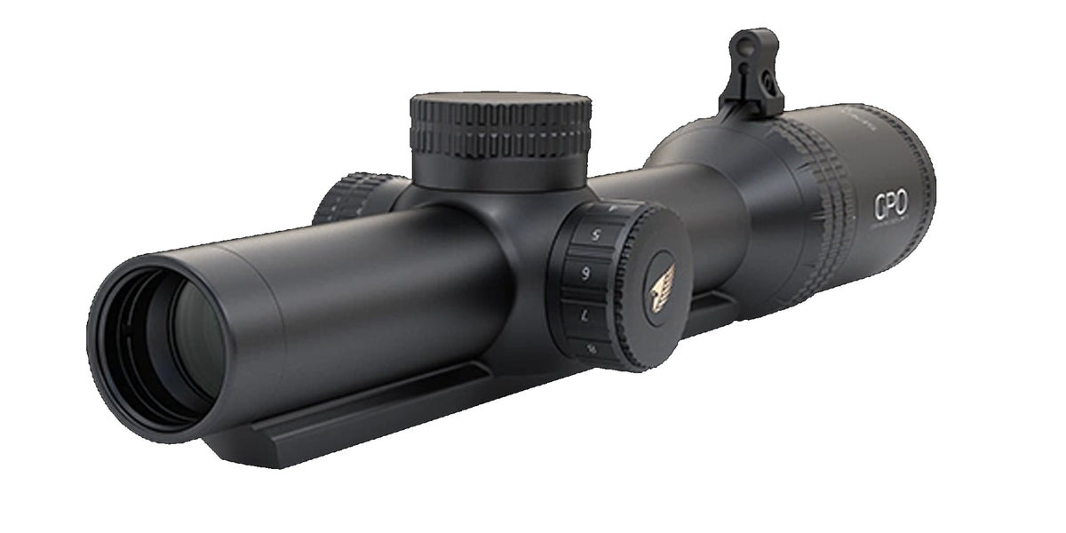 Cannocchiale GPO Spectra 6x 1-6x24i con slitta G4i Fiber, vista di tre quarti anteriore