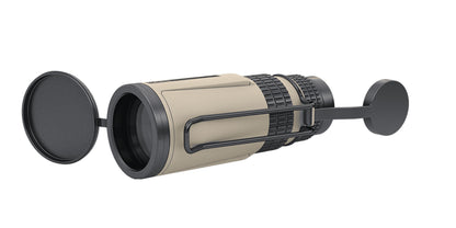 Monocolo GPO TAC Mono 10x42 HD con copriobiettivi aperti, vista laterale