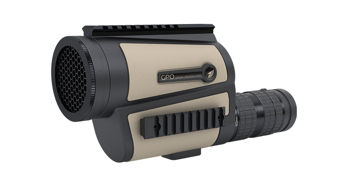 Spotting scope GPO TAC Spotter 15-45x60 sabbia con slitte Picatinny, vista laterale