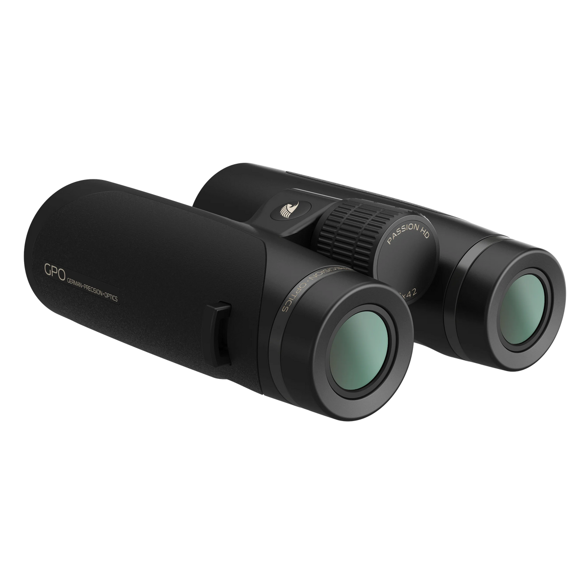 GPO Passion HD 10x42 nero, vista di tre quarti