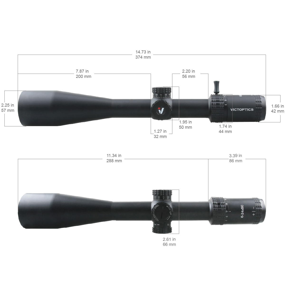 Schema delle dimensioni del VictOptics S4 6-24x50 SFP