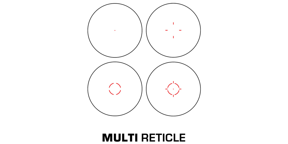 Le quattro configurazioni del reticolo Multi-Reticle rosso dello Swampfox Liberator II