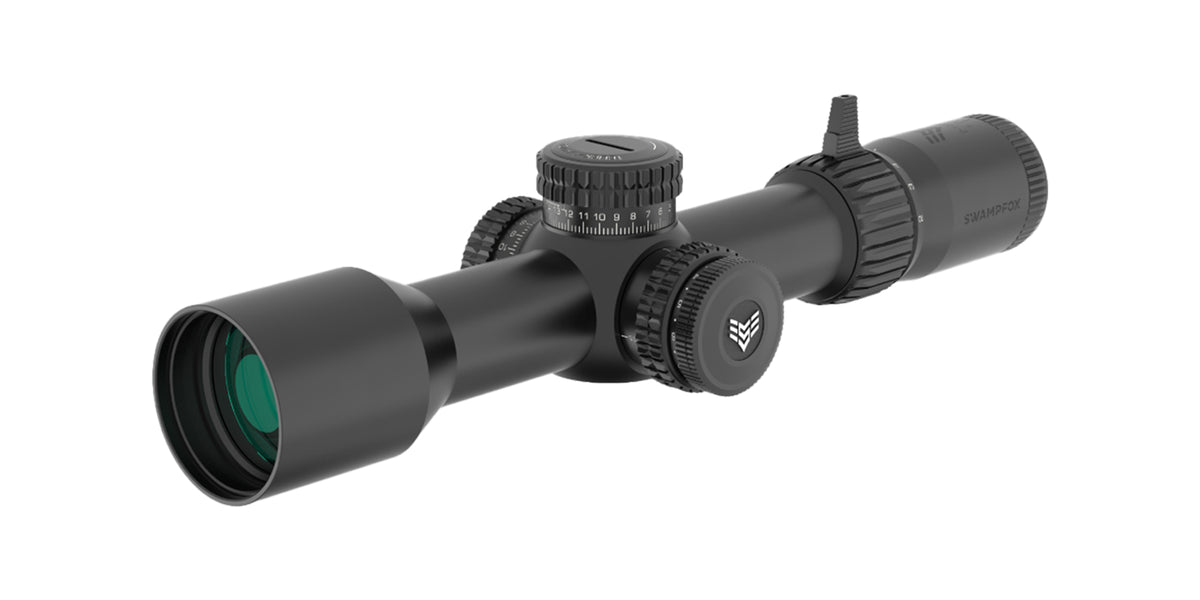 Cannocchiale Swampfox Warhawk 5-25x56 FFP con tubo da 34 mm, vista di tre quarti