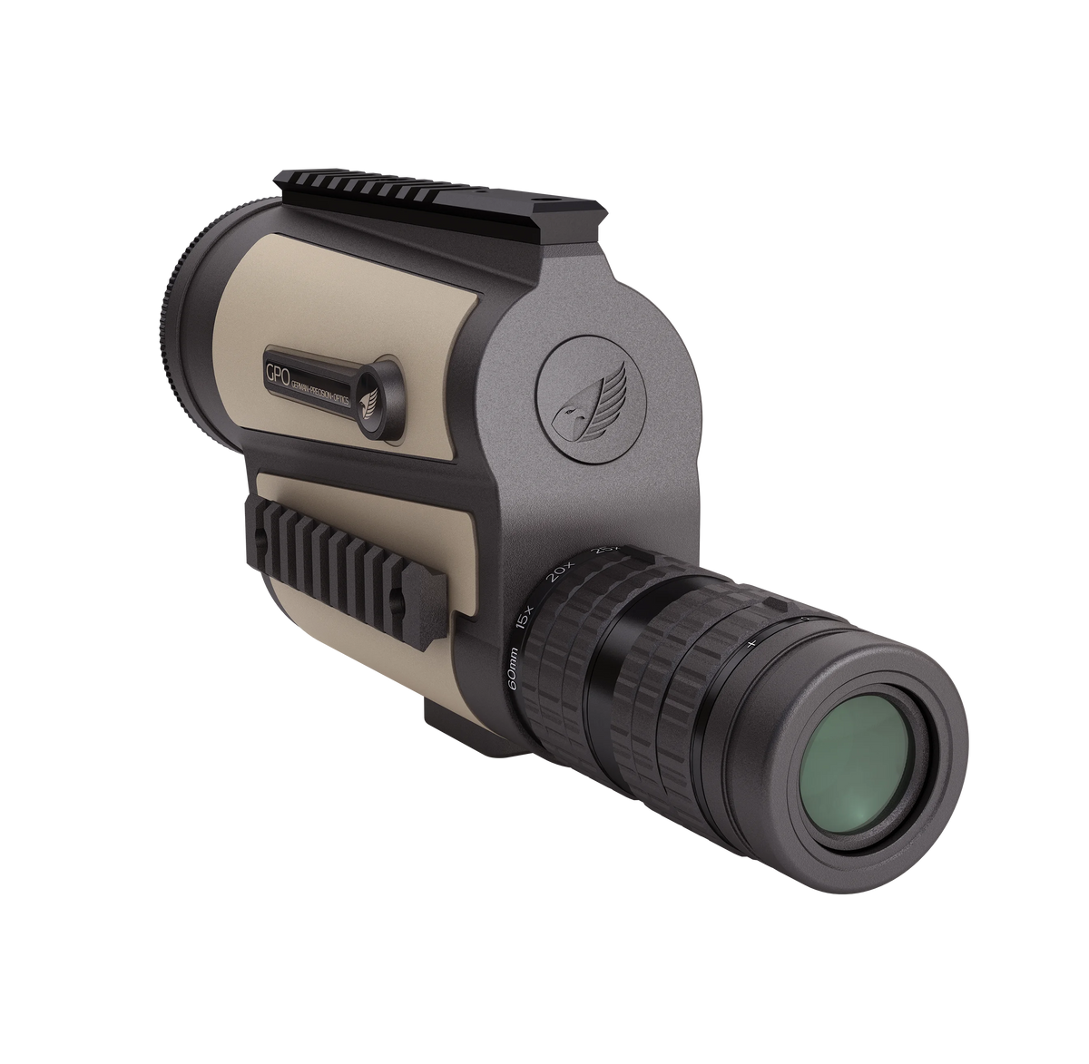 GPO TAC Spotter 15-45x60, vista posteriore di tre quarti dell'oculare