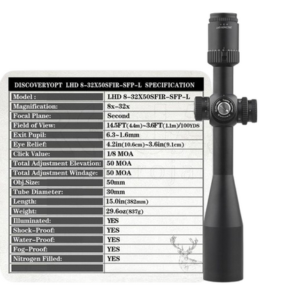 Discovery Optics Riflescope 30mm Tube 8-32x50mm SFIR BR Illuminated Reticle