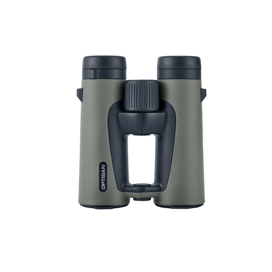 Binocolo Optisan LR 42 ED verde oliva, vista frontale con ponte aperto