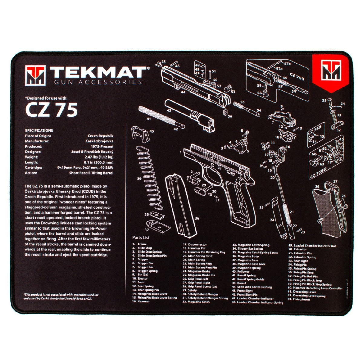 Tappetino TekMat Ultra Premium per CZ 75 con bordo cucito ed esploso delle parti
