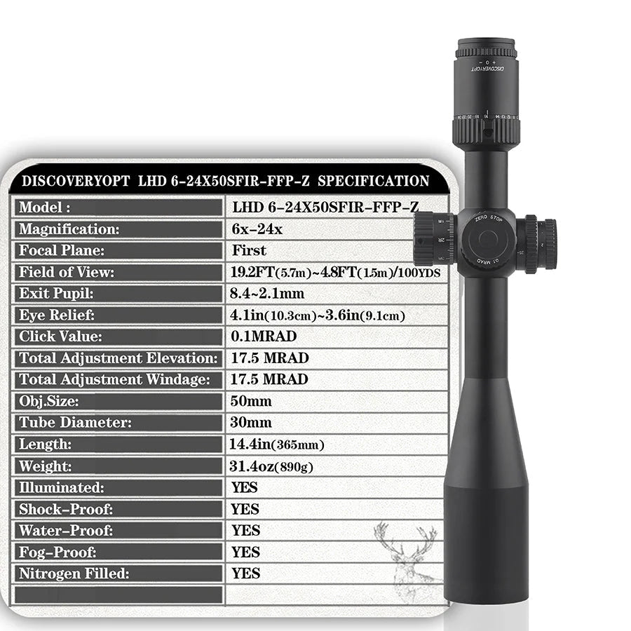 Discovery Optics Riflescope 30mm Tube 6-24x50mm FFP-L SFIR Illuminated Reticle