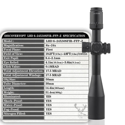Discovery Optics Riflescope 30mm Tube 6-24x50mm FFP-L SFIR Illuminated Reticle