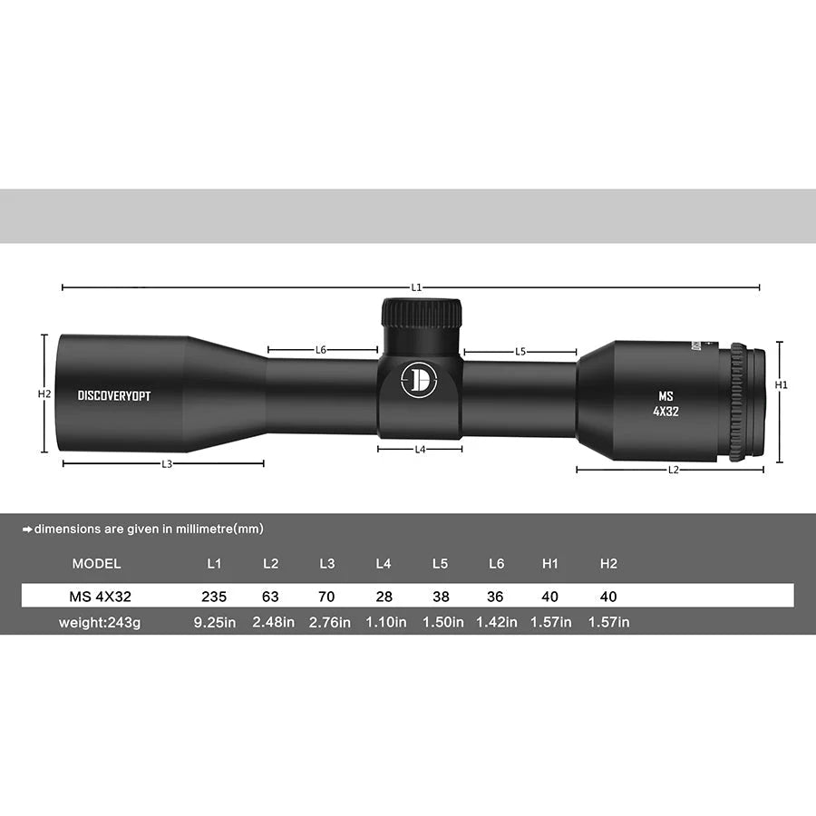 Discovery Optics Riflescope 1" Tube MS 4x32-L MIL-DOT Reticle