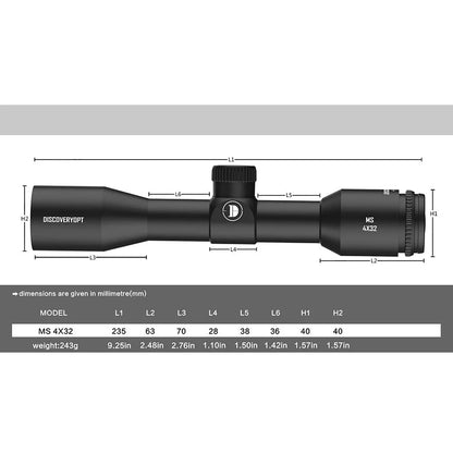 Discovery Optics Riflescope 1" Tube MS 4x32-L MIL-DOT Reticle