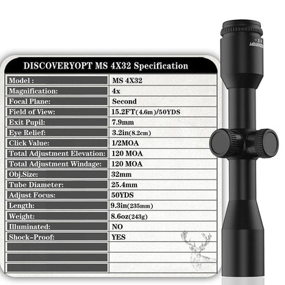 Discovery Optics Riflescope 1" Tube MS 4x32-L MIL-DOT Reticle