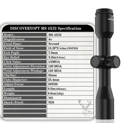 Discovery Optics Riflescope 1" Tube VT-Z 4x32AOE  MIL-DOT Reticle