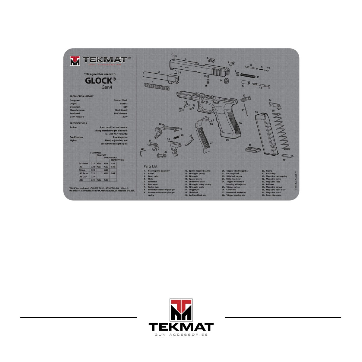 TEKMAT Glock Gen4 Grey Gun Cleaning Mat 28x43cm